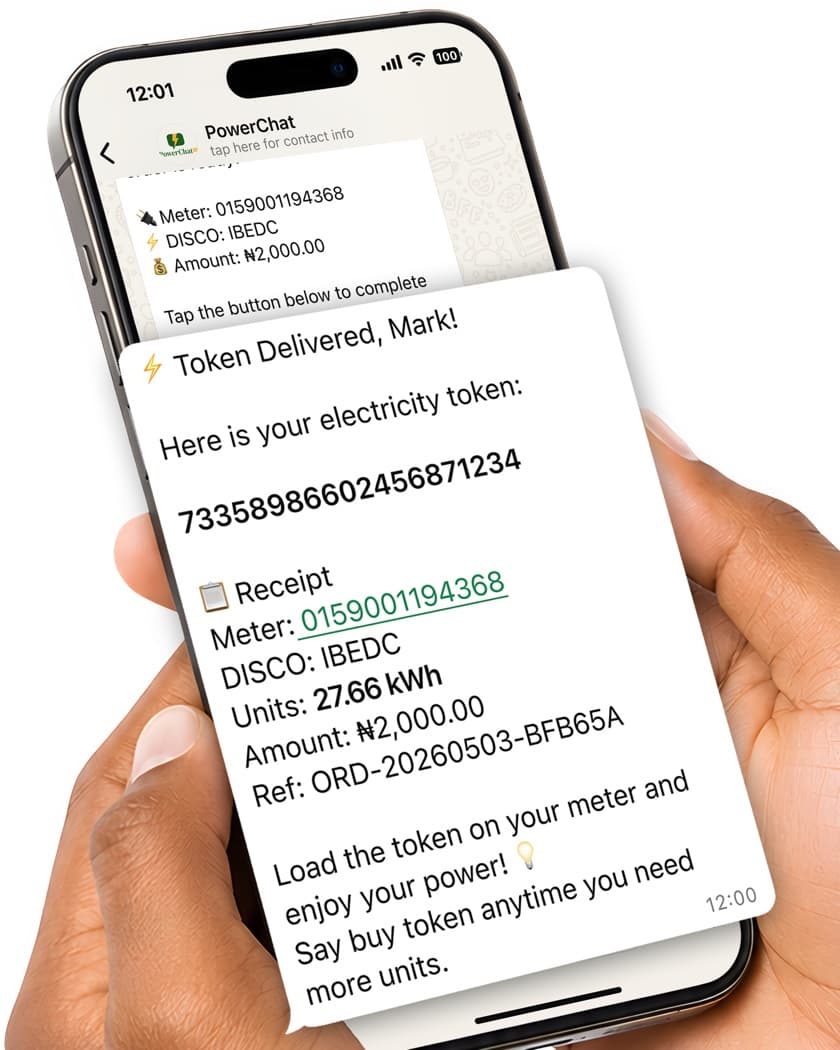 PowerChatNG token purchase via WhatsApp on a phone screen